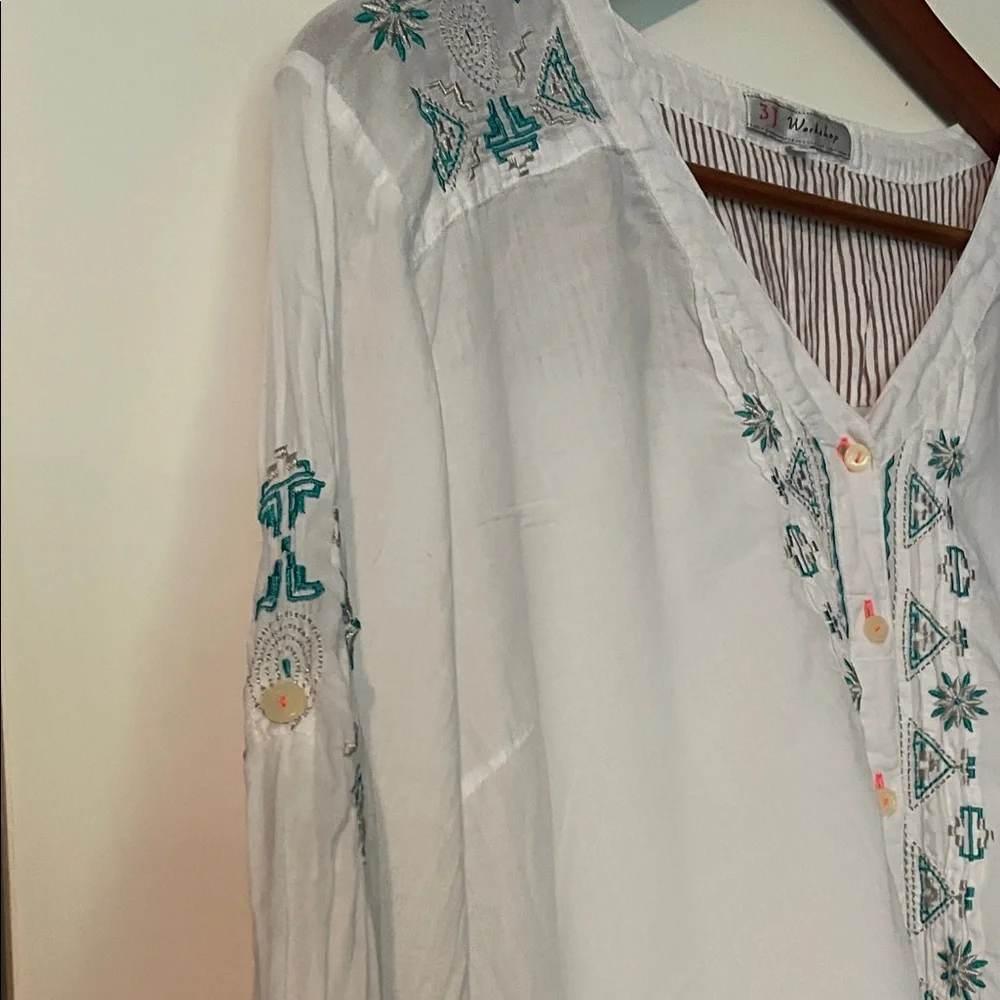 Johnny Was White Button-Down Blouse with Teal Embroidery - Picture 3 of 5